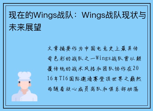 现在的Wings战队：Wings战队现状与未来展望