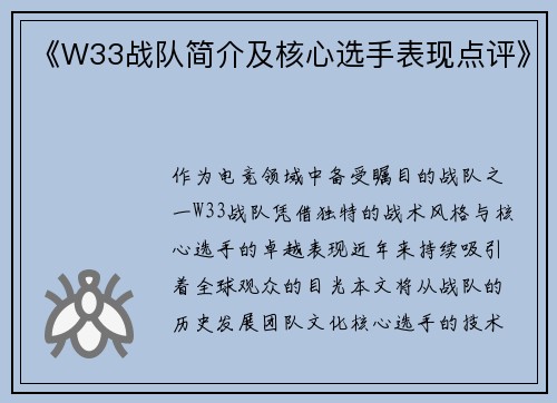 《W33战队简介及核心选手表现点评》