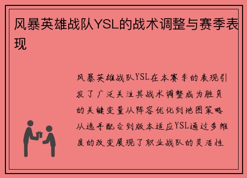风暴英雄战队YSL的战术调整与赛季表现