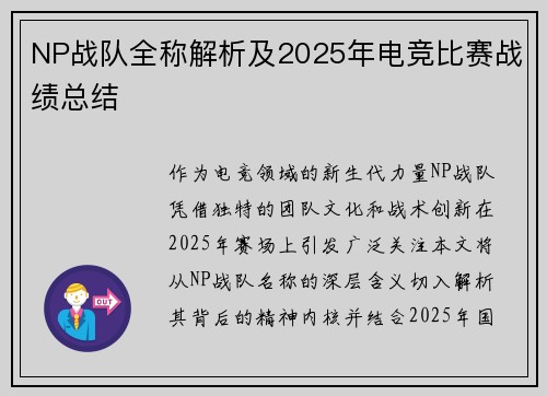 NP战队全称解析及2025年电竞比赛战绩总结