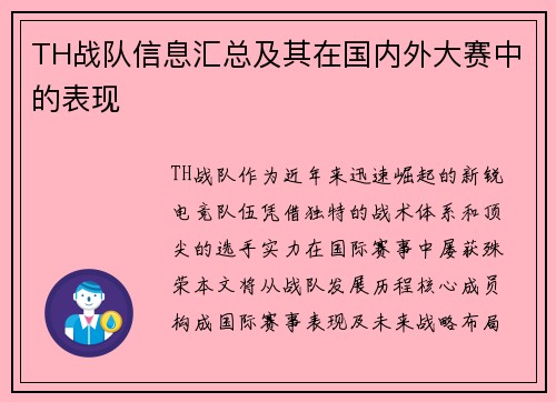 TH战队信息汇总及其在国内外大赛中的表现
