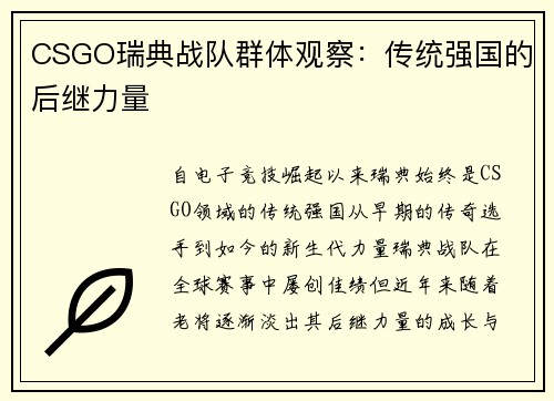 CSGO瑞典战队群体观察：传统强国的后继力量
